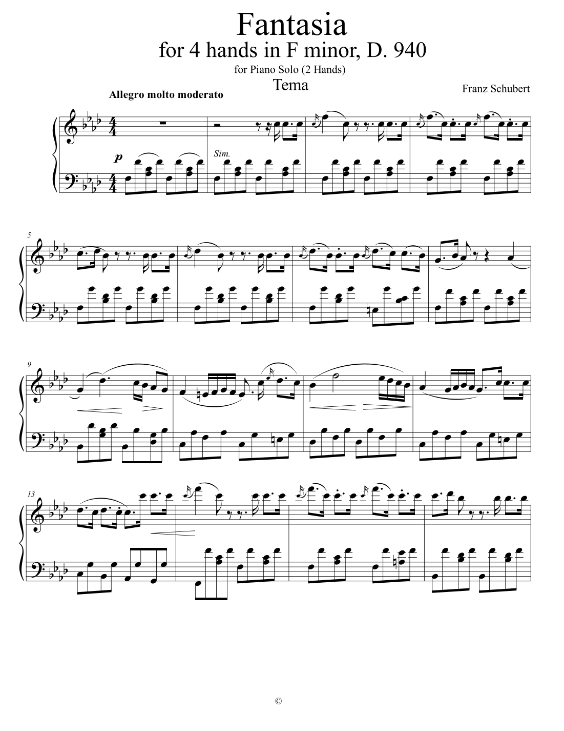 Interactive Digital Sheet Music preview of 'Fantasia Franz Schubert for  2 (4) hands  - F minor (arr. Nivs)' by Franz Schubert, Piano Solo page 1