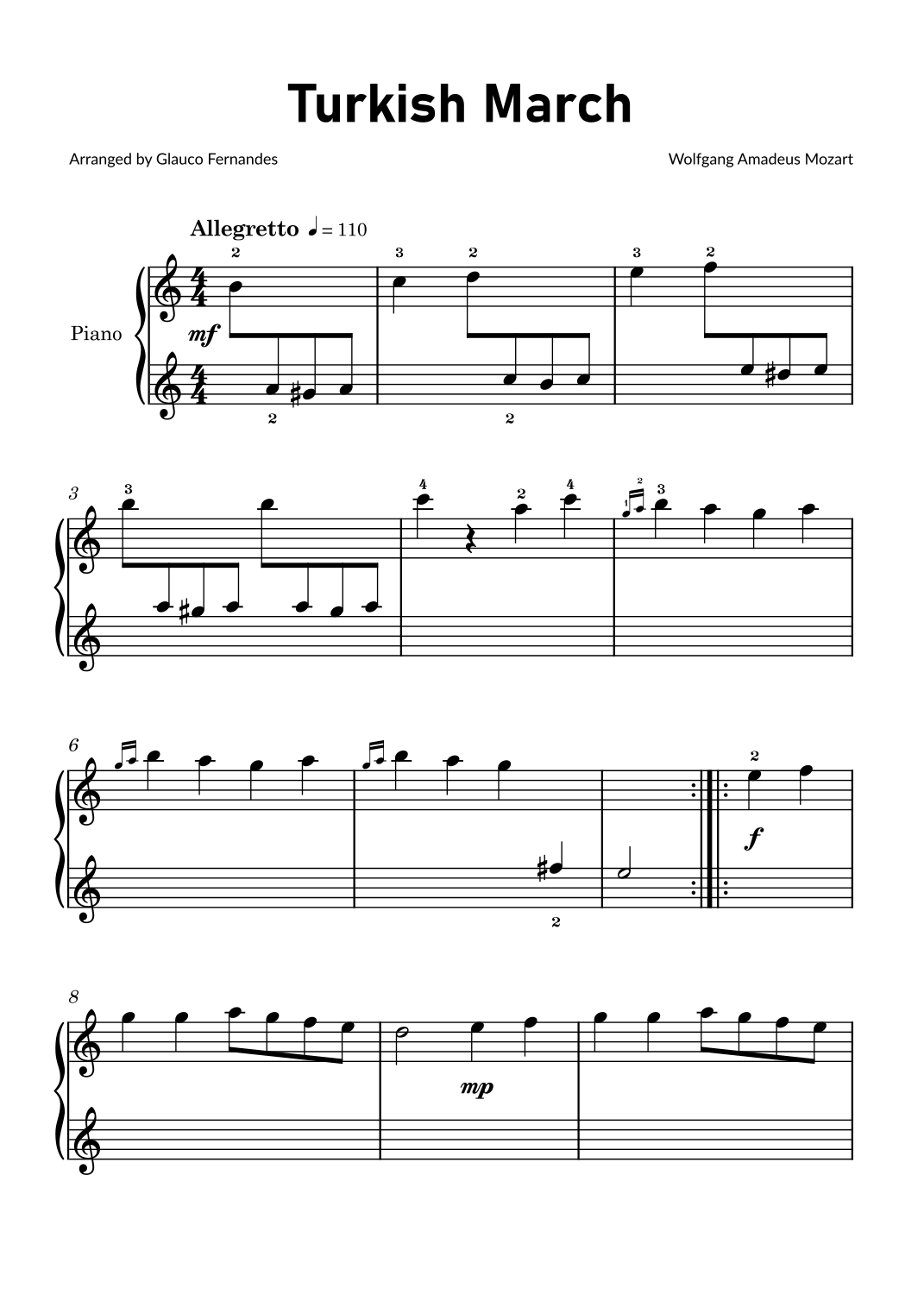 Turkish March By Mozart Easy Piano For Beginners arr Glauco 