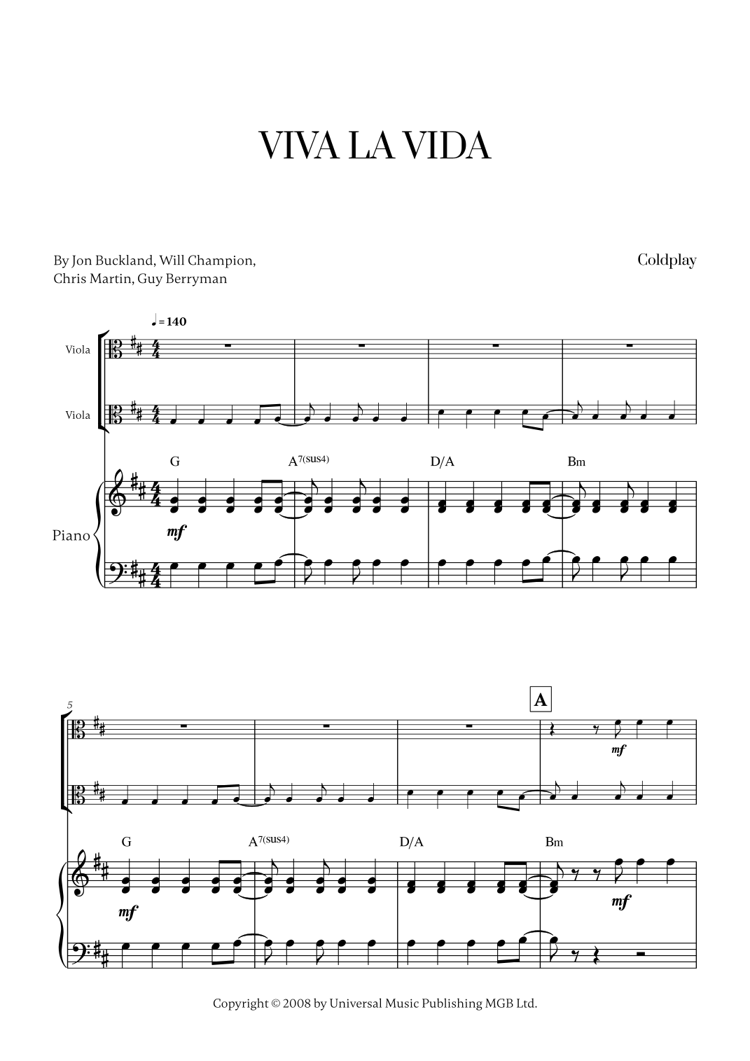 VIVA LA VIDA POR COLDPLAY PARTITURAS PARA VIOLA DUET ARR CADENZA 