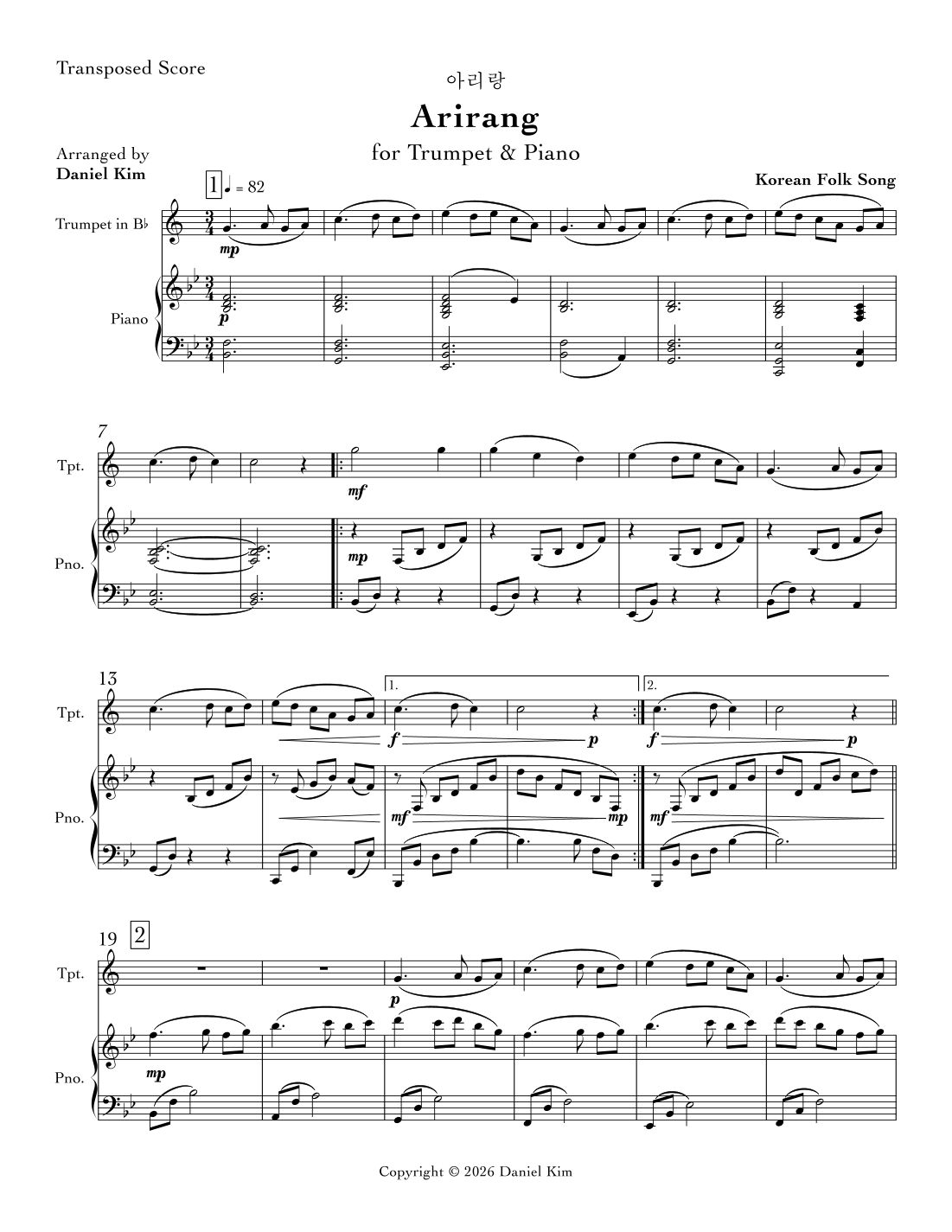 Arirang (Trumpet & Piano) (arr. Daniel Kim) by Korean folk song Sheet ...