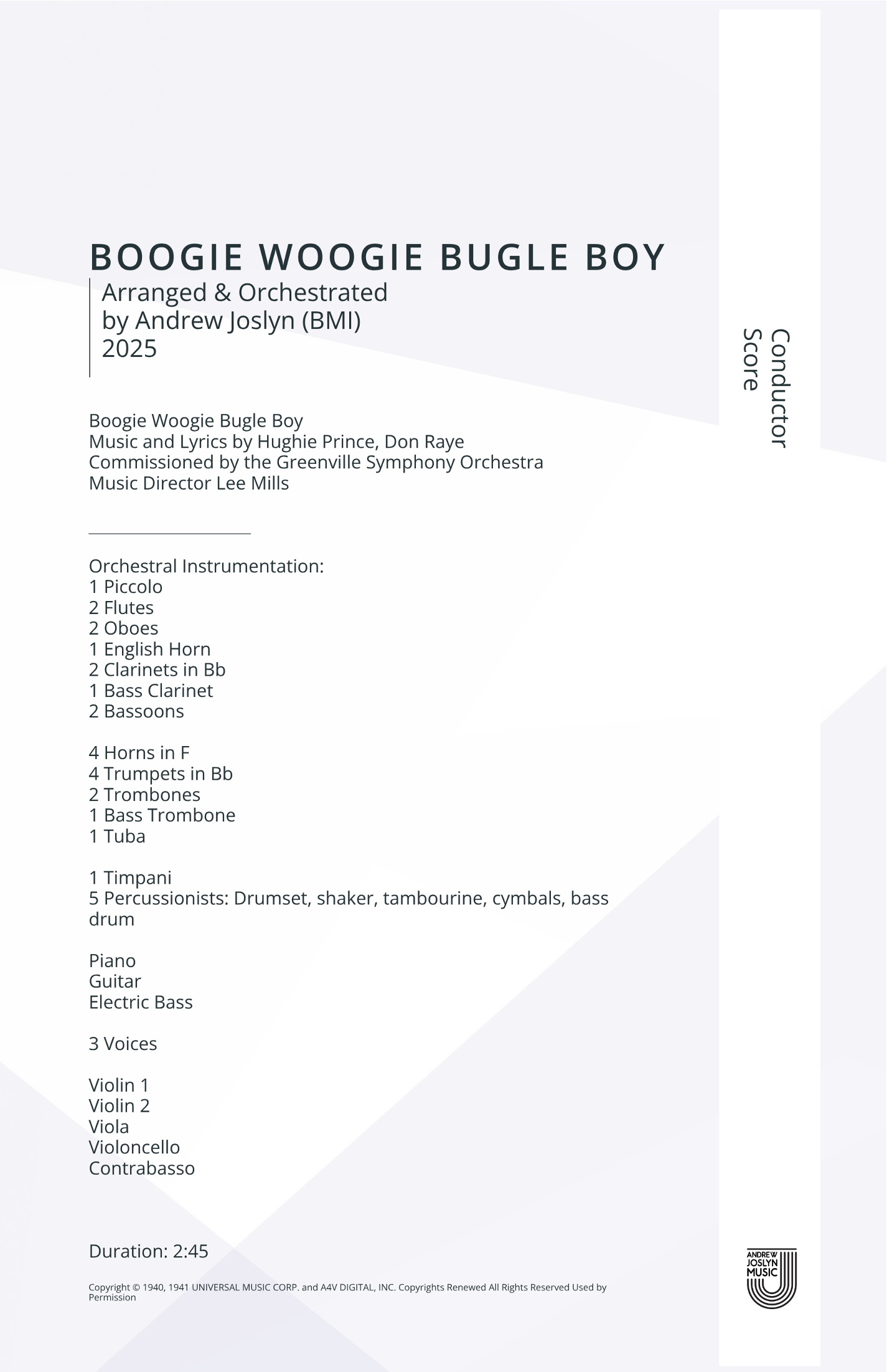 Boogie Woogie Bugle Boy (arr. Andrew Joslyn) by Andrews Sisters 管弦乐团 - 预览