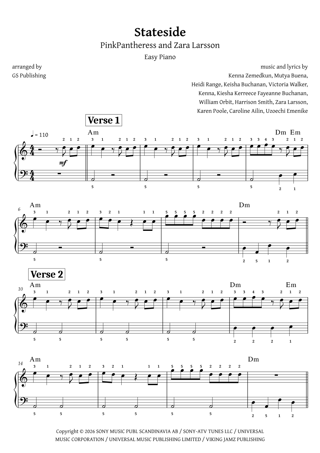 State Side Riff Notes Stateside + Zara Larsson by William Orbit Sheet Music for Easy Piano ...