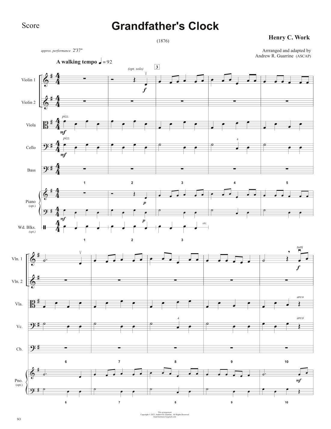 Grandfather's Clock Sheet Music Andrew R. Guarrine Orchestra