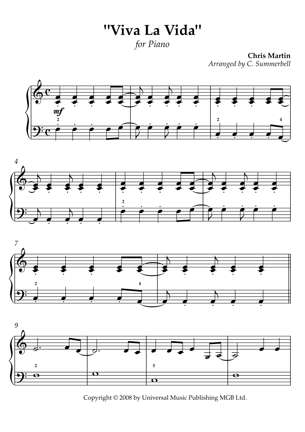 Viva La Vida (arr. Claire Summerbell) by Coldplay Sheet Music for Easy ...