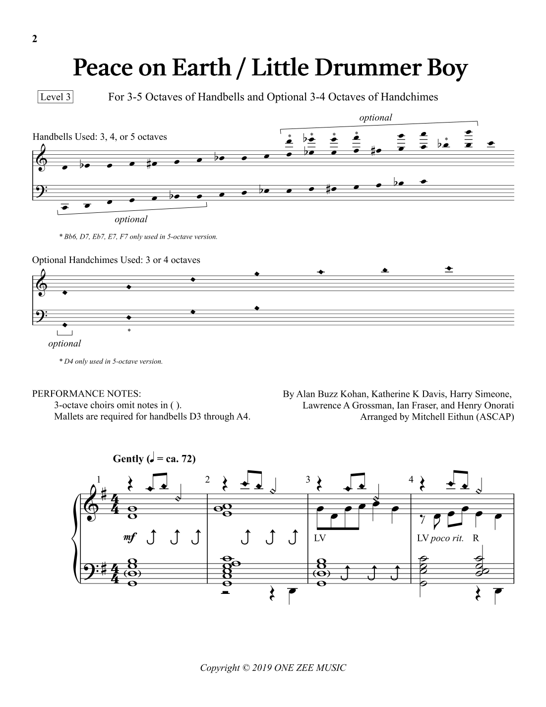 Interactive Digital Sheet Music preview of 'Little Drummer Boy/peace On Earth (arr. Mitchell Eithun Music)' by Lawrence A Grossman, Handbells page 1