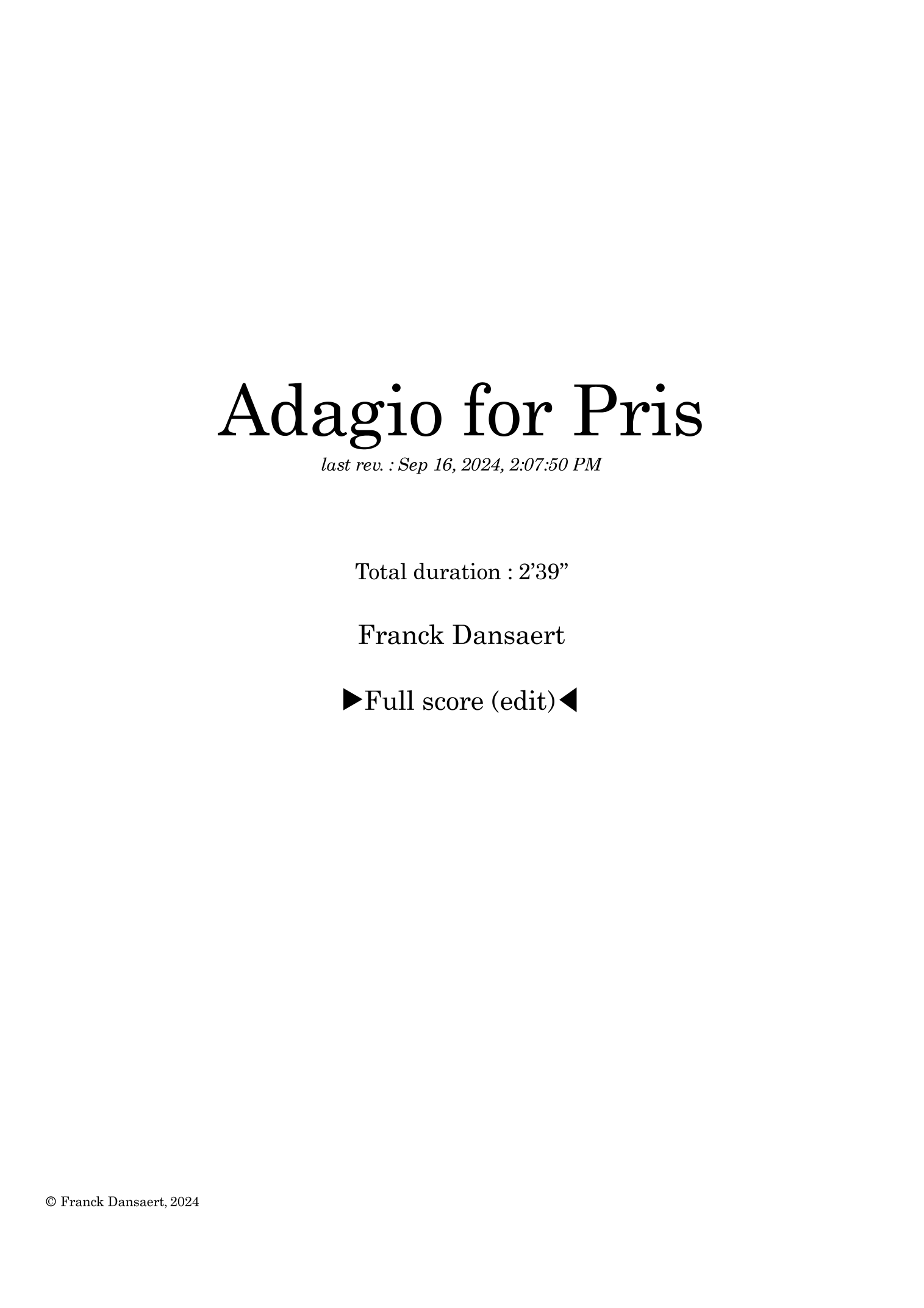 【弗兰克·丹萨特《给普里斯的柔板》管弦乐总谱】Adagio for Pris - Score Only by Franck Dansaert Full Orchestra PDF乐谱下载