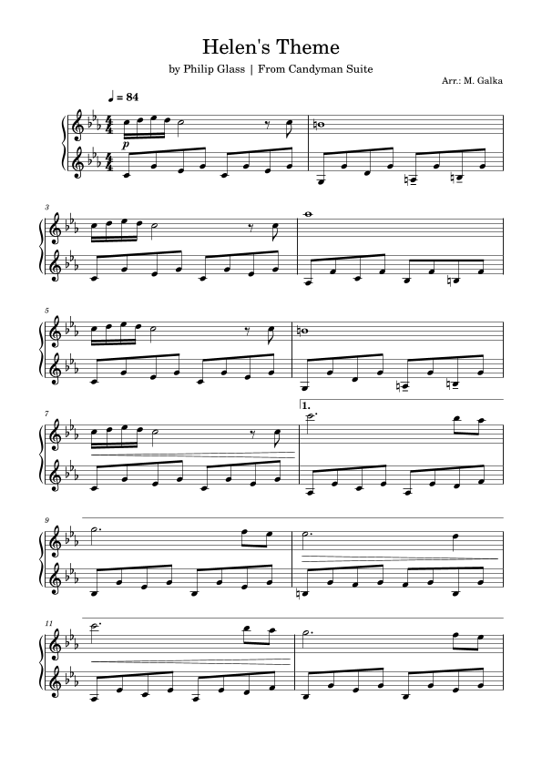 Helen's Theme Noten Philip Glass Klavier solo