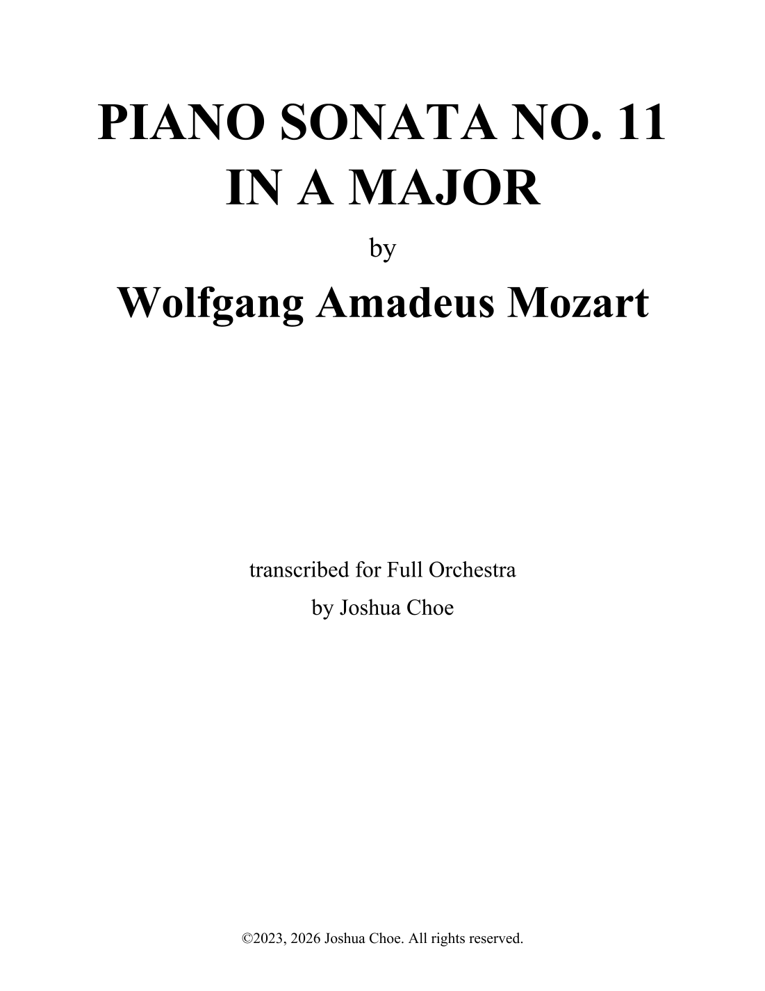 Piano Sonata No. 11 in A Major, K. 331/300i (arr. Joshua Choe) by Wolfgang Amadeus Mozart 管弦乐团 - 预览