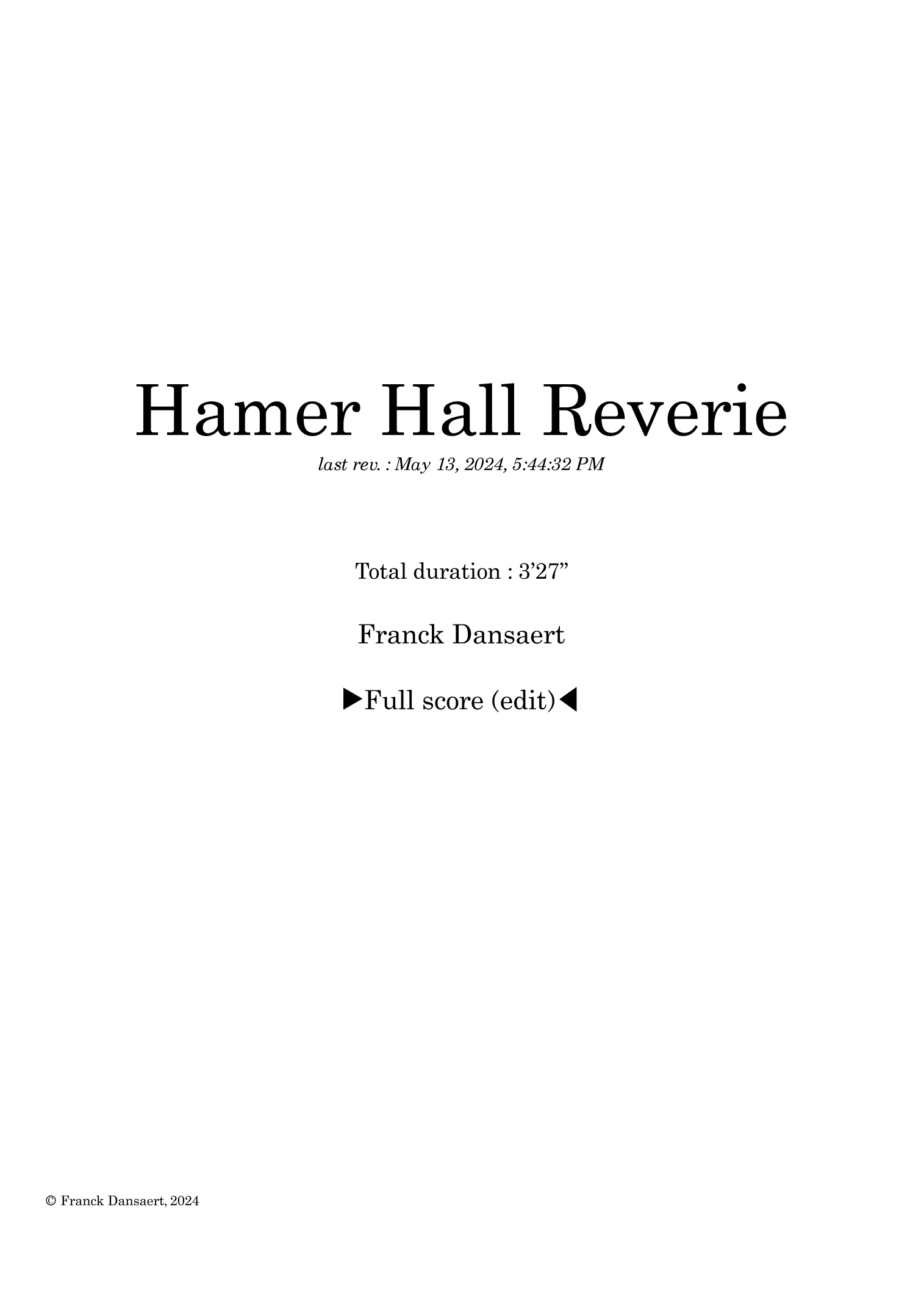 【弗兰克·丹萨特《哈默音乐厅遐想曲》管弦乐总谱】Hamer Hall Reverie - Score Only by Franck Dansaert Full Orchestra PDF乐谱下载