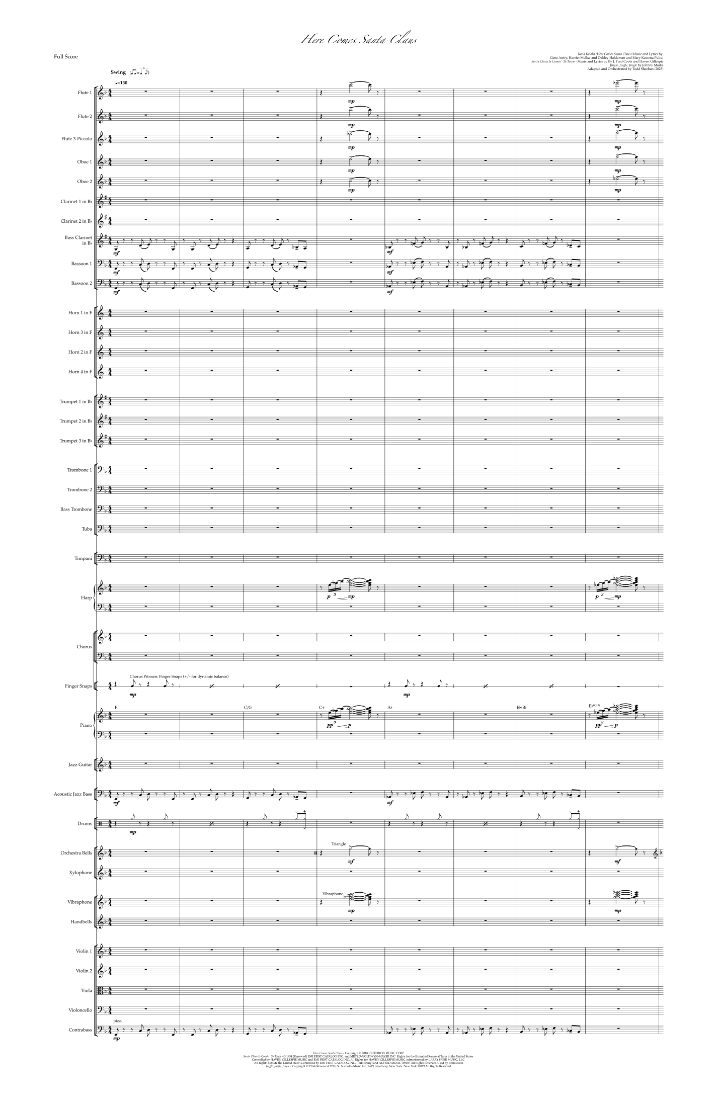 【托德·希汉《圣诞组曲：圣诞老人来了/圣诞老人进城等》管弦乐总谱】Medley: Kana Kaloka (Here Comes Santa Claus) with Santa Claus Is Comin' To Town and Jingle, Jingl... (arr. Todd Sheehan) by Todd Sheehan Full Orchestra PDF乐谱下载