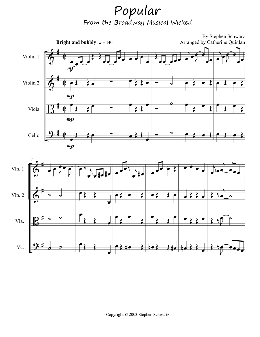 Popular (arr. Catherine Quinlan) by Stephen Schwartz Sheet Music for ...