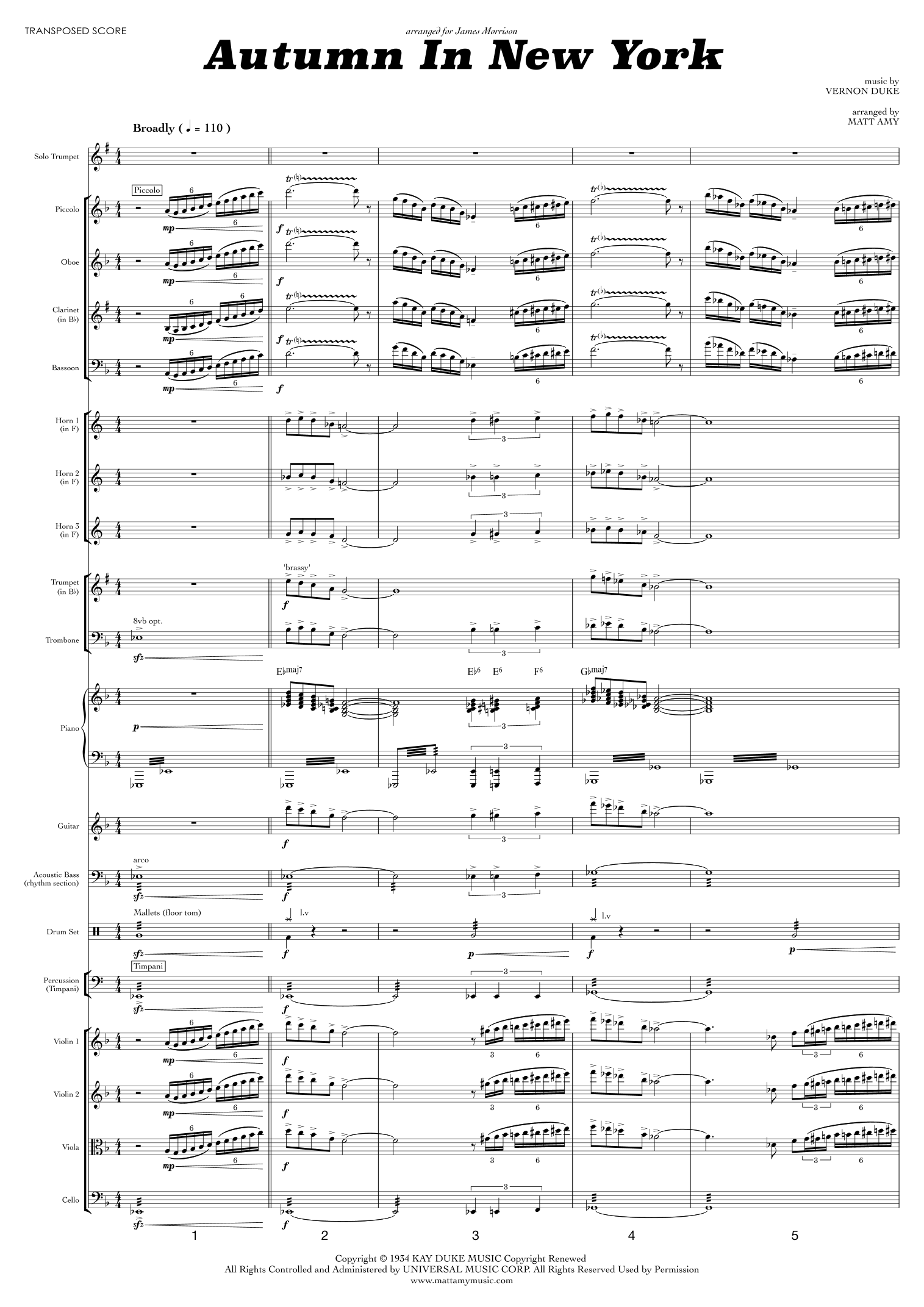Autumn In New York (arr. Matt Amy) by Bud Powell Full Orchestra