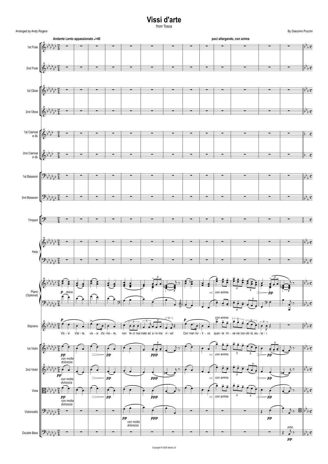 Vissi d'arte (from Tosca) (arr. Andy Rogers) by Giacomo Puccini Full Orchestra