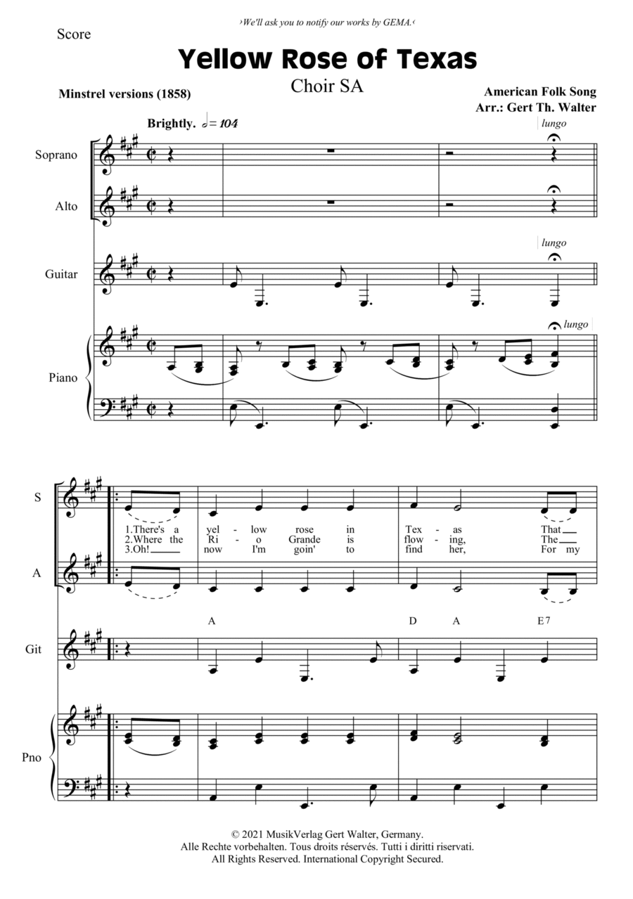 Yellow Rose of Texas (arr. Gert Th. Walter) Sheet Music American Folk