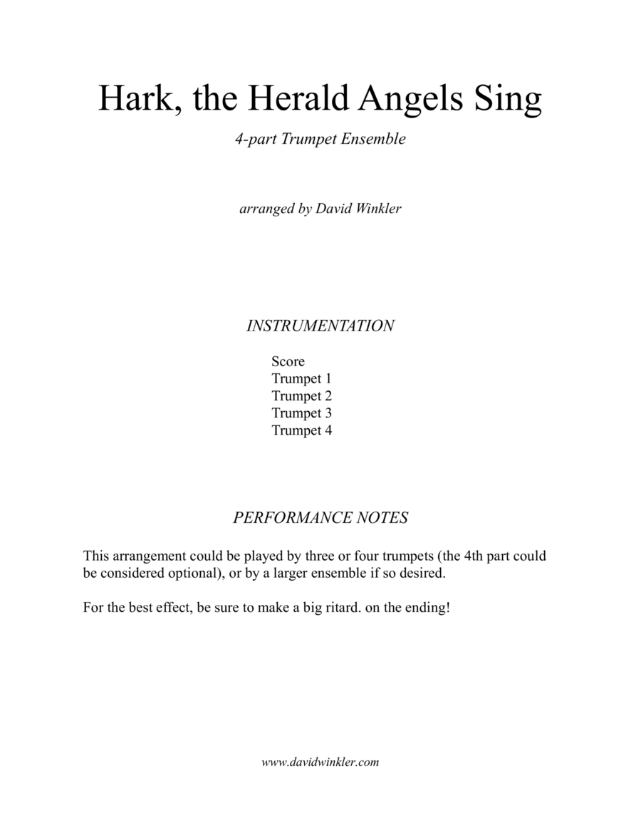 Hark, the Herald Angels Sing (trumpet ensemble) (arr. David Winkler) Digital Sheet Music