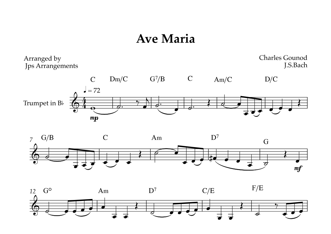 Ave Maria (Bach/Gounod) for Trumpet in Bb Major – Easy Intermediate ...