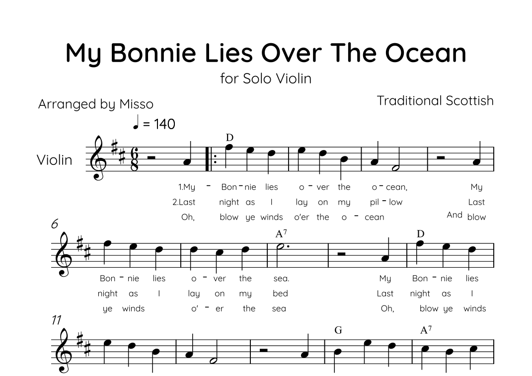 My Bonnie Lies Over The Ocean - Solo Violin in D Major Easy With Lyrics & Chords (arr. MissoRB) Partition Digitale