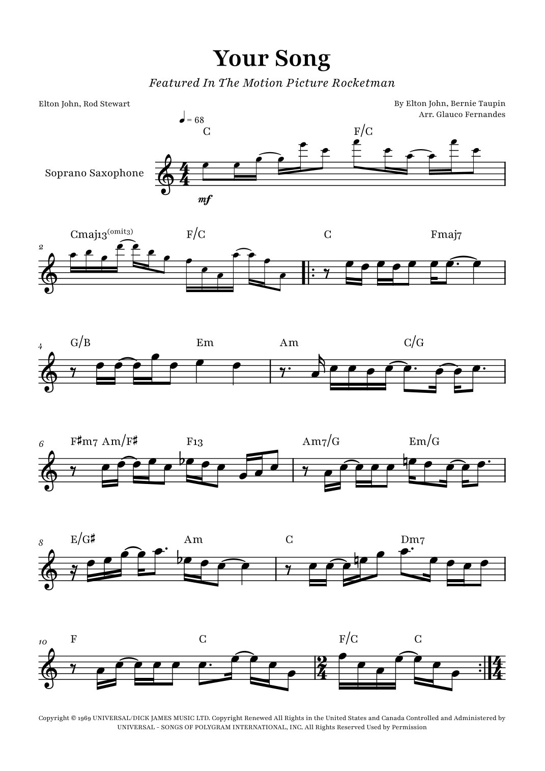Your Song (arr. Glauco Fernandes) by Elton John Sheet Music for Soprano Sax Solo at Sheet Music ...