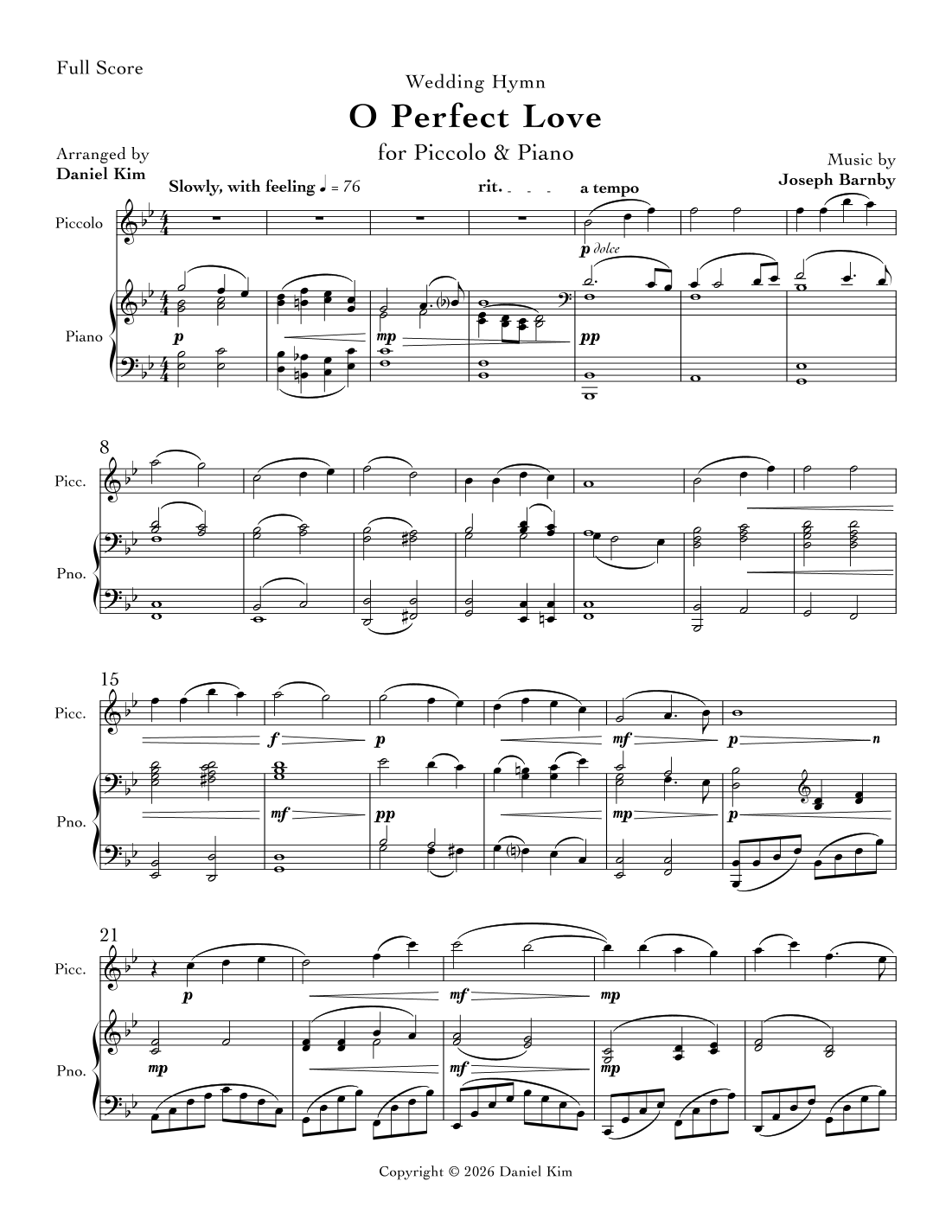 O Perfect Love (Piccolo & Piano) (arr. Daniel Kim) by Joseph Barnby ...