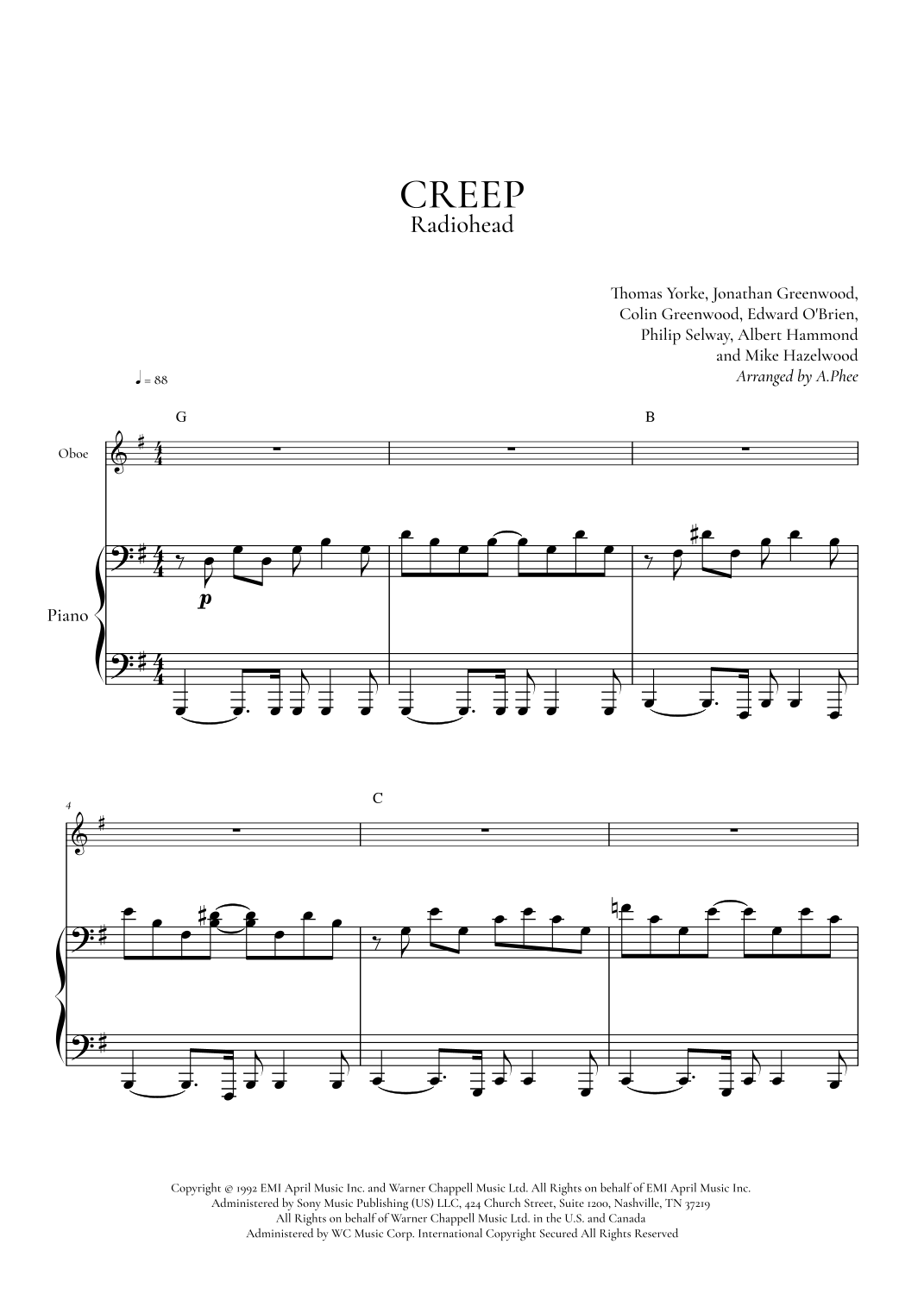 Creep by Radiohead Sheet Music for Oboe Solo (arr. Daniel Nakamura