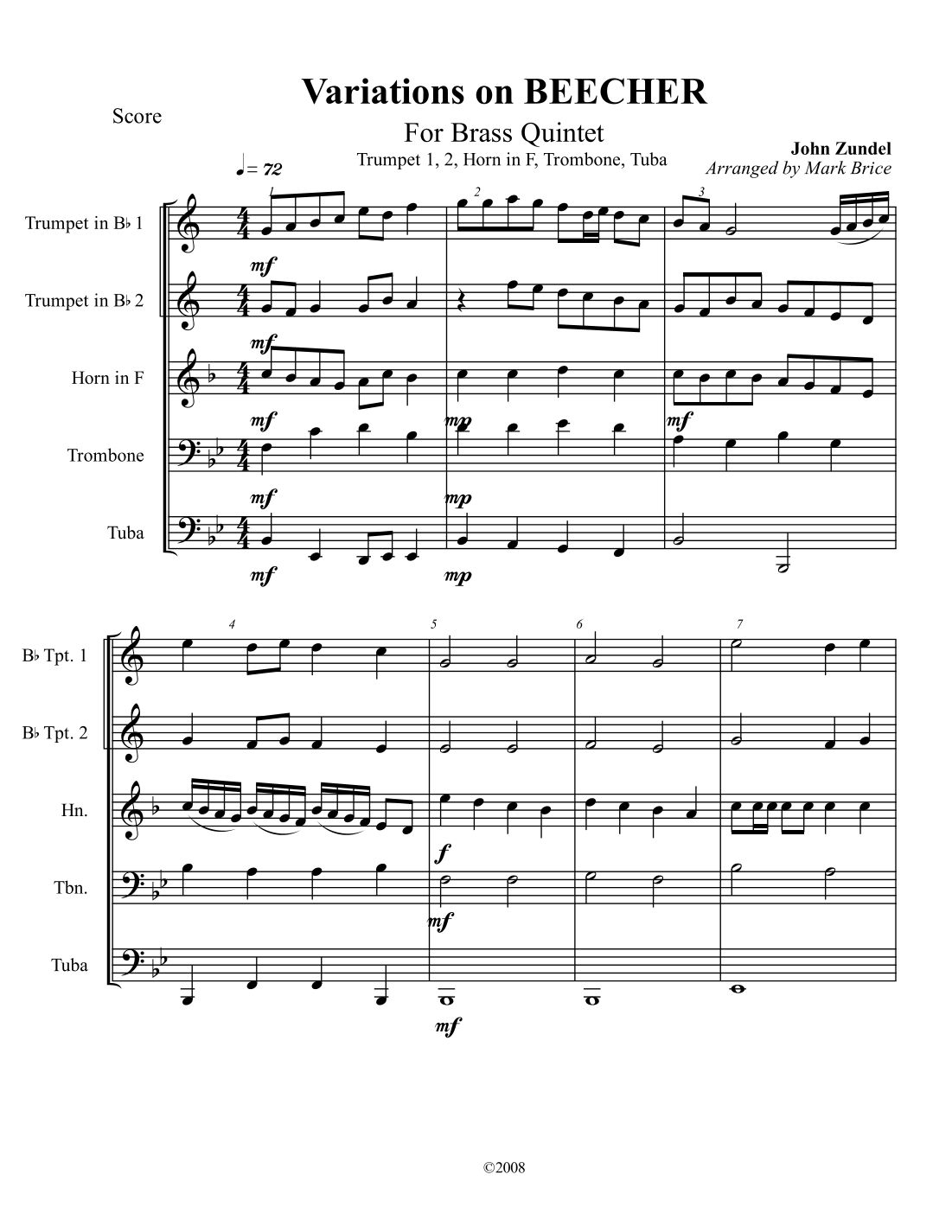 Variations on BEECHER by John Zundel Sheet Music for Brass Ensemble ...