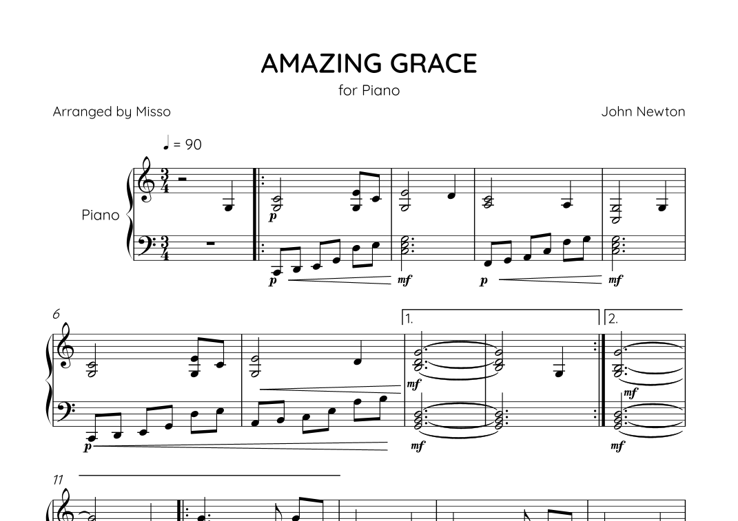 Amazing Grace Piano Solo In C Major Intermediate Level Sheet 