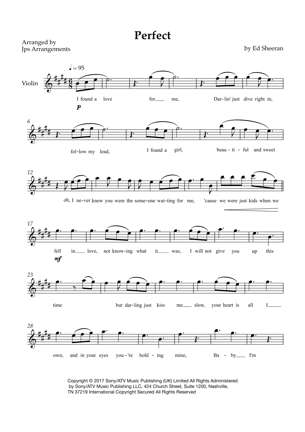 Perfect (arr. Jps Arrangements) by Ed Sheeran Sheet Music for Violin ...