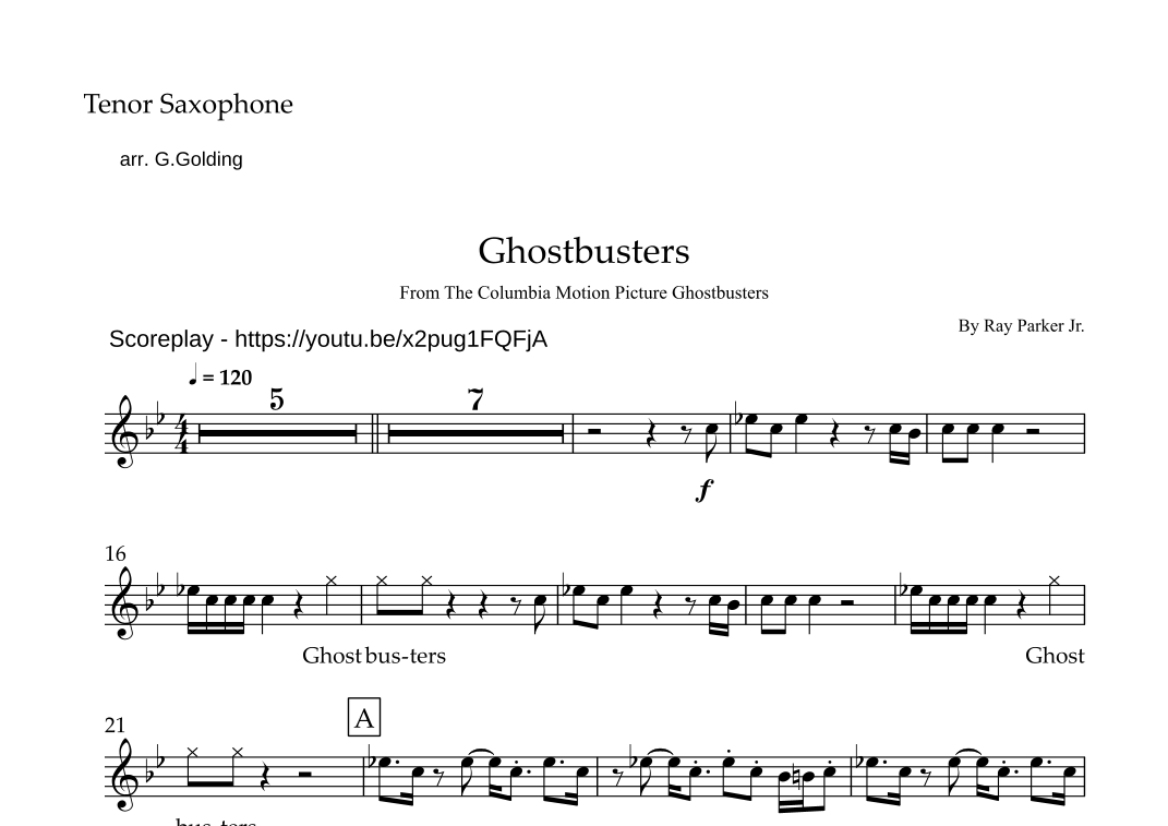 Ghostbusters (arr. G.Golding) Sheet Music Ray Parker, Jr. Tenor Sax