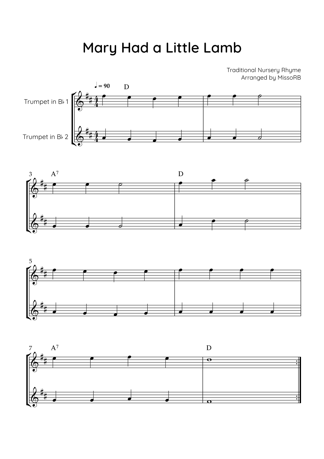Mary Had a Little Lamb - Trumpet Duet in C With Chords - Easy (arr ...