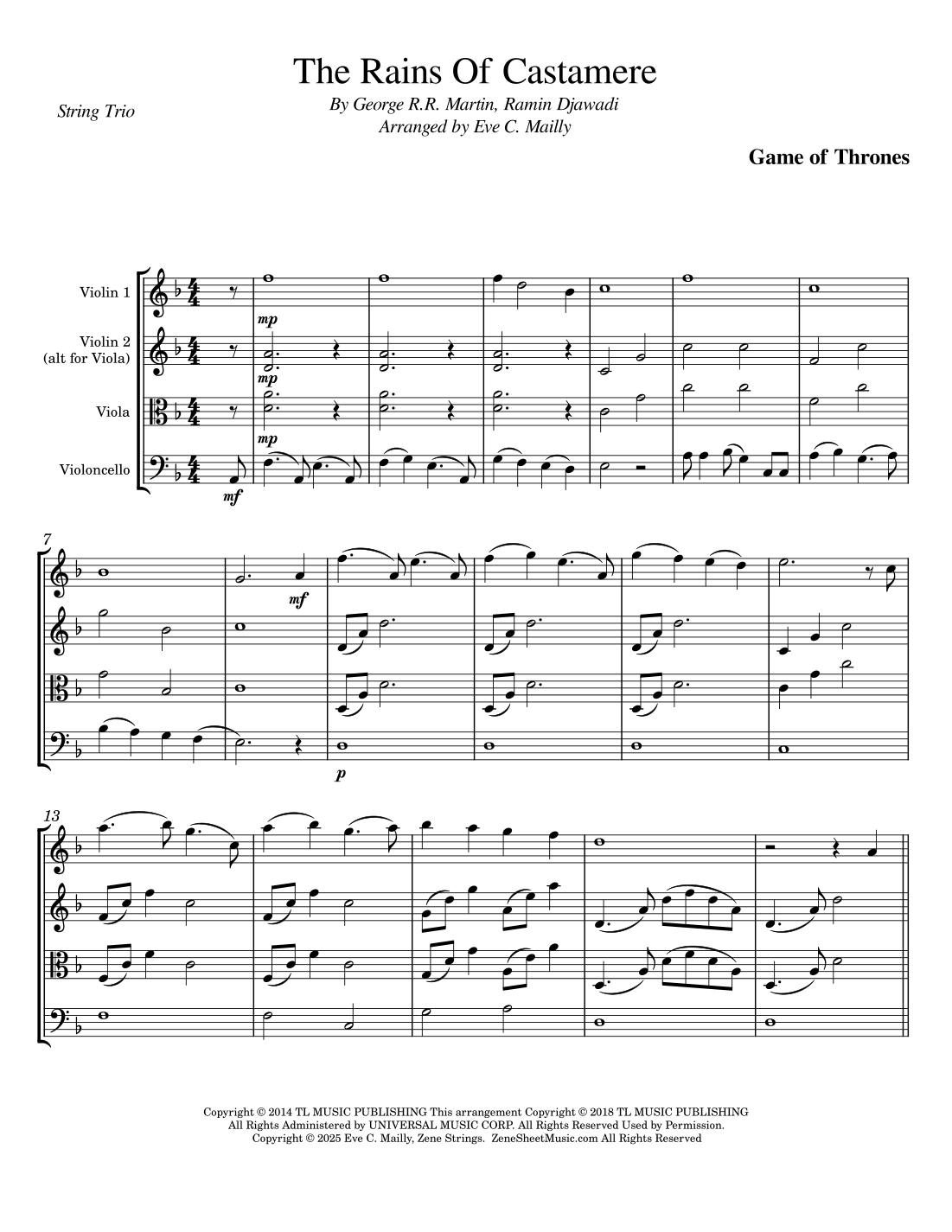 Interactive Digital Sheet Music preview of 'The Rains Of Castamere (arr. Eve C. Mailly - Zene Strings)' by Ramin Djawadi, String Ensemble page 1