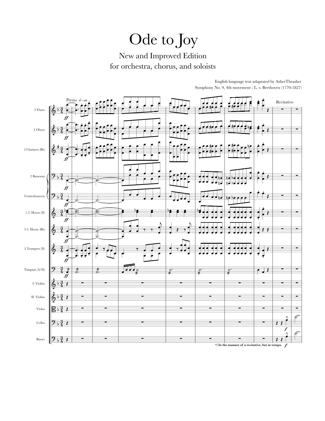 Symphony No. 9, 4th movement - "Ode to Joy" (New and Improved Edition) - Full score (arr. AsherThrasher) by Ludwig Van Beethoven (1770-1827) Full Orchestra