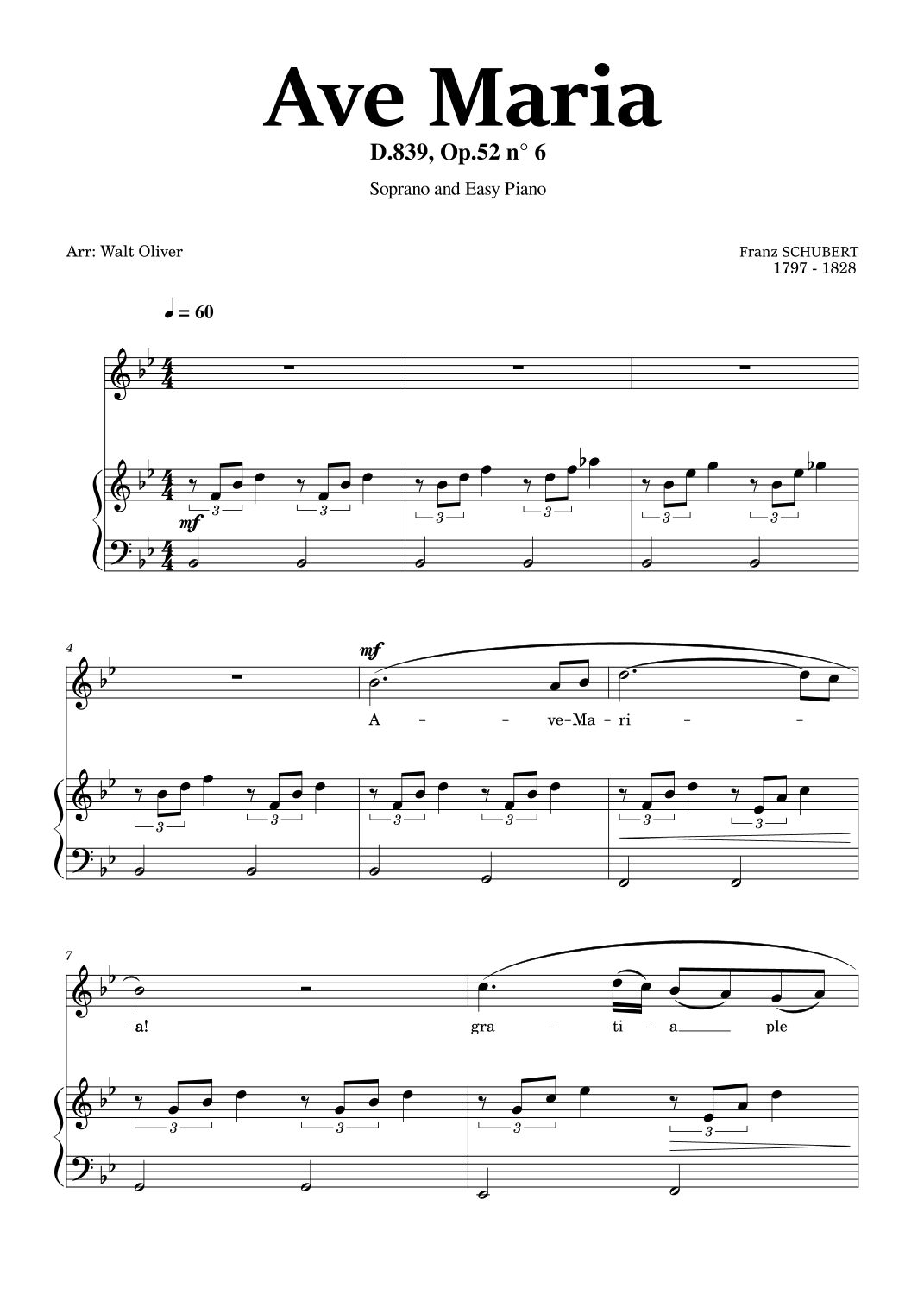 Ave Maria - Soprano and Easy Piano - Bb major (arr. Walt Oliver) by ...