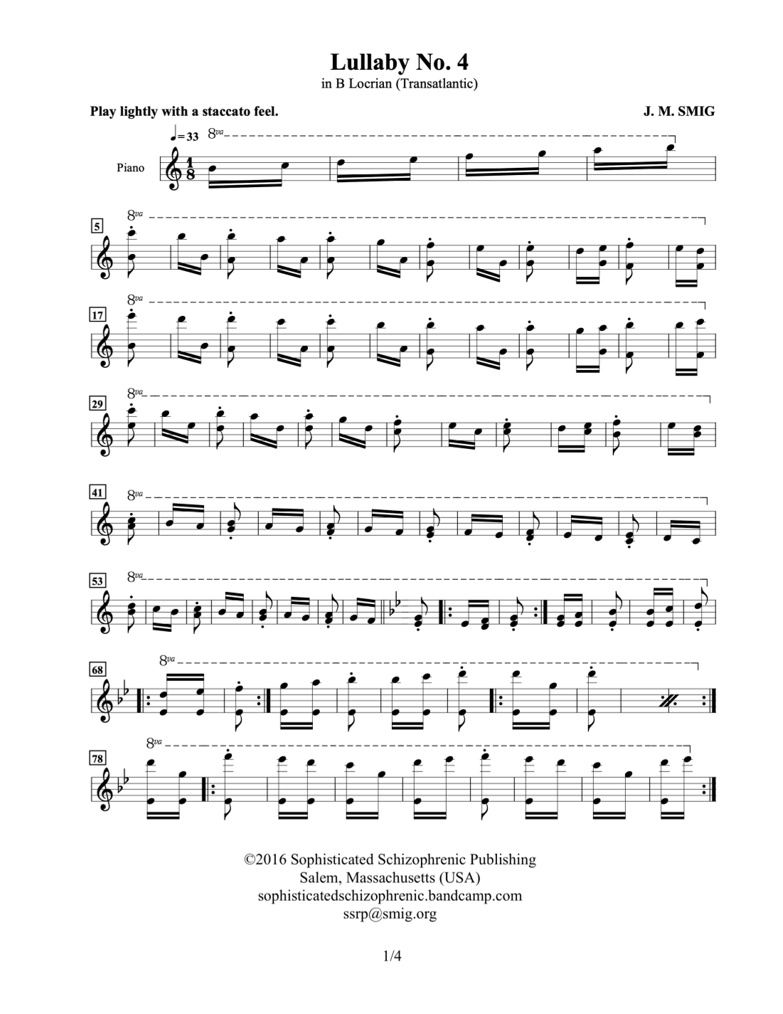 Lullaby No. 4 in B Locrian by J. M. Smig Sheet Music for Piano Solo at ...