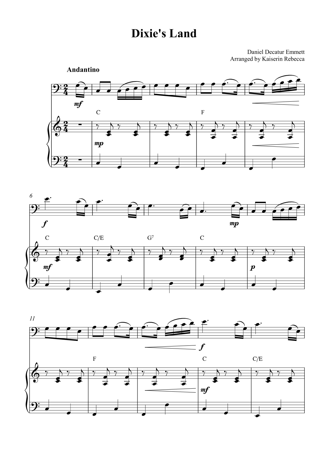 Dixie's Land (arr. Kaiserin Rebecca by Daniel Decatur Emmett Sheet ...