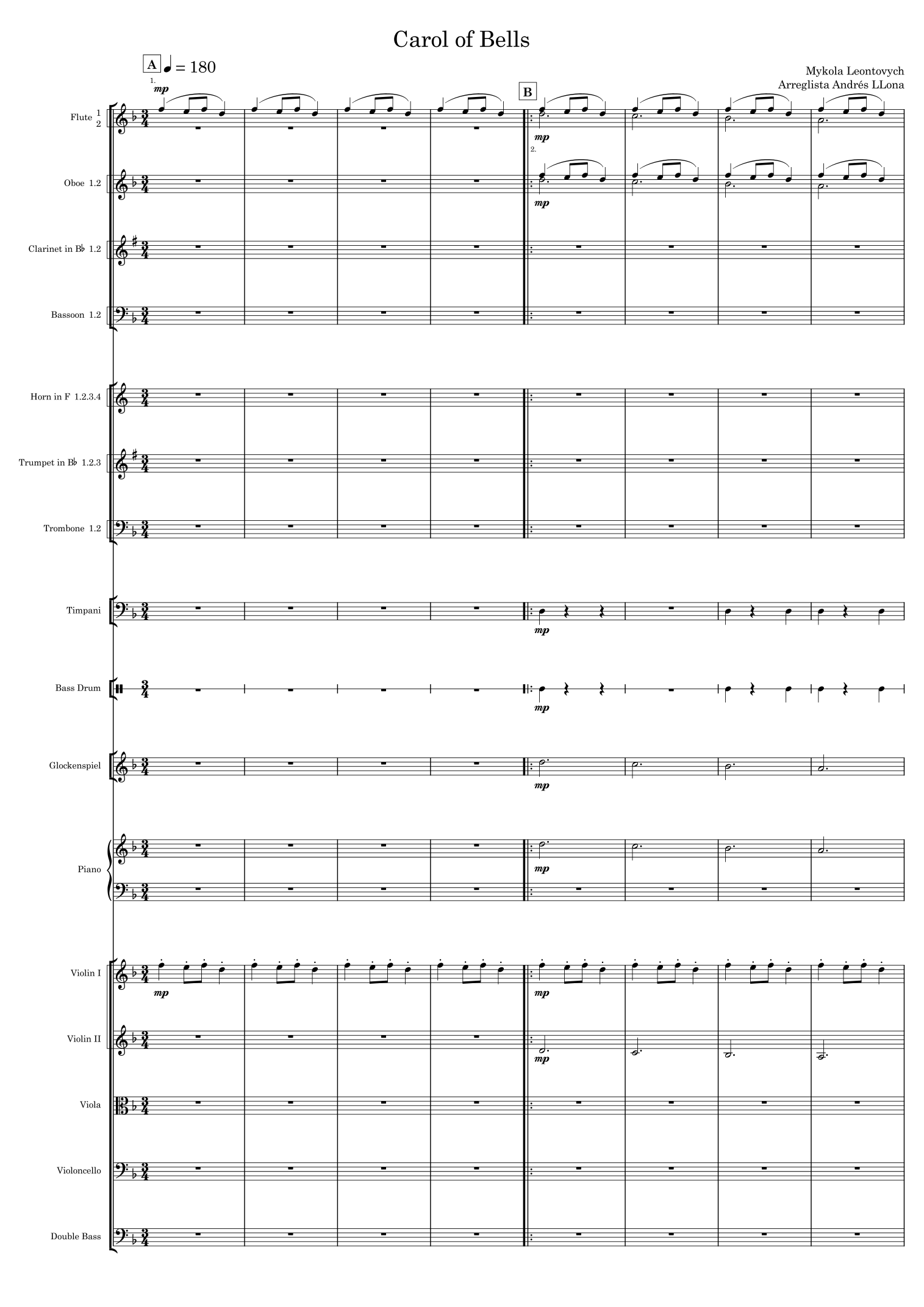 Carol of Bells (arr. Andrés LLona) by Mykola Leontovych Full Orchestra