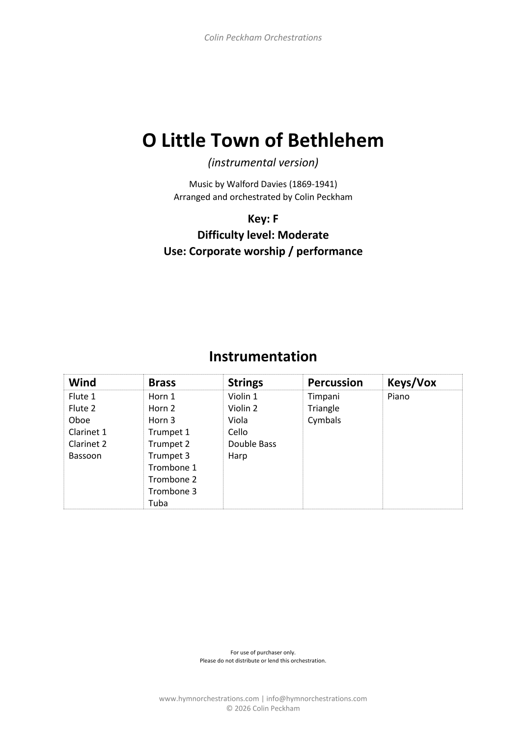 O Little Town of Bethlehem (orchestra feature) (arr. Colin Peckham) by Walford Davies (1869-1941) Full Orchestra