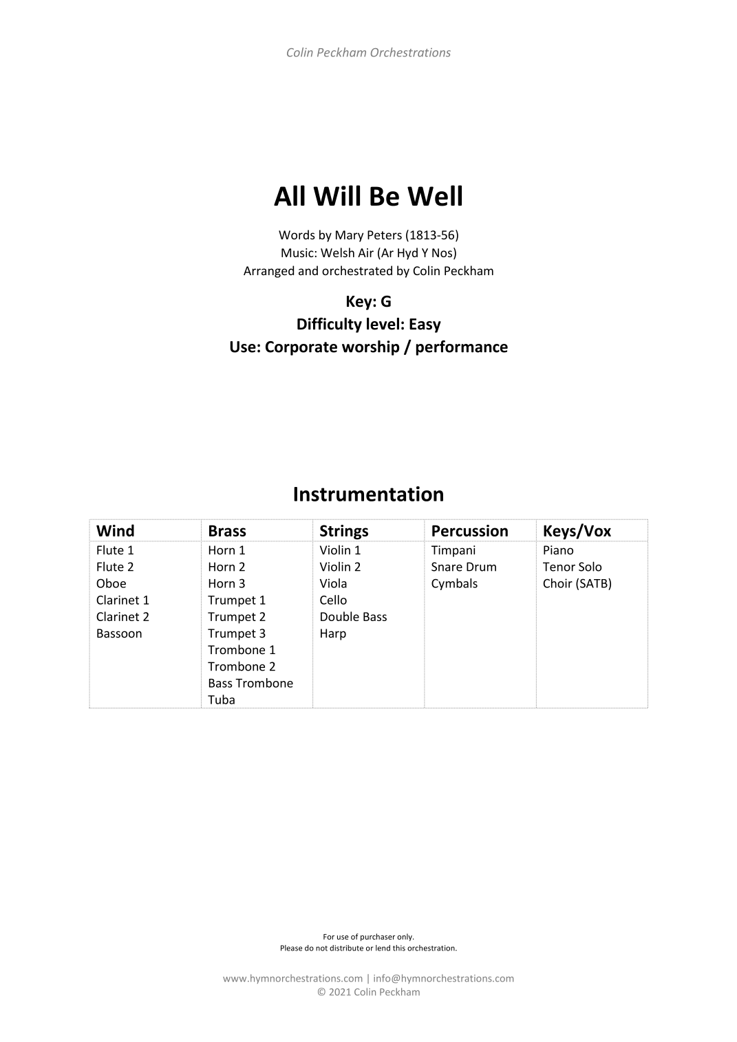 All Will Be Well (Ar Hyd Y Nos) (arr. Colin Peckham) by Mary Peters (1813-56) 管弦乐团 - 预览