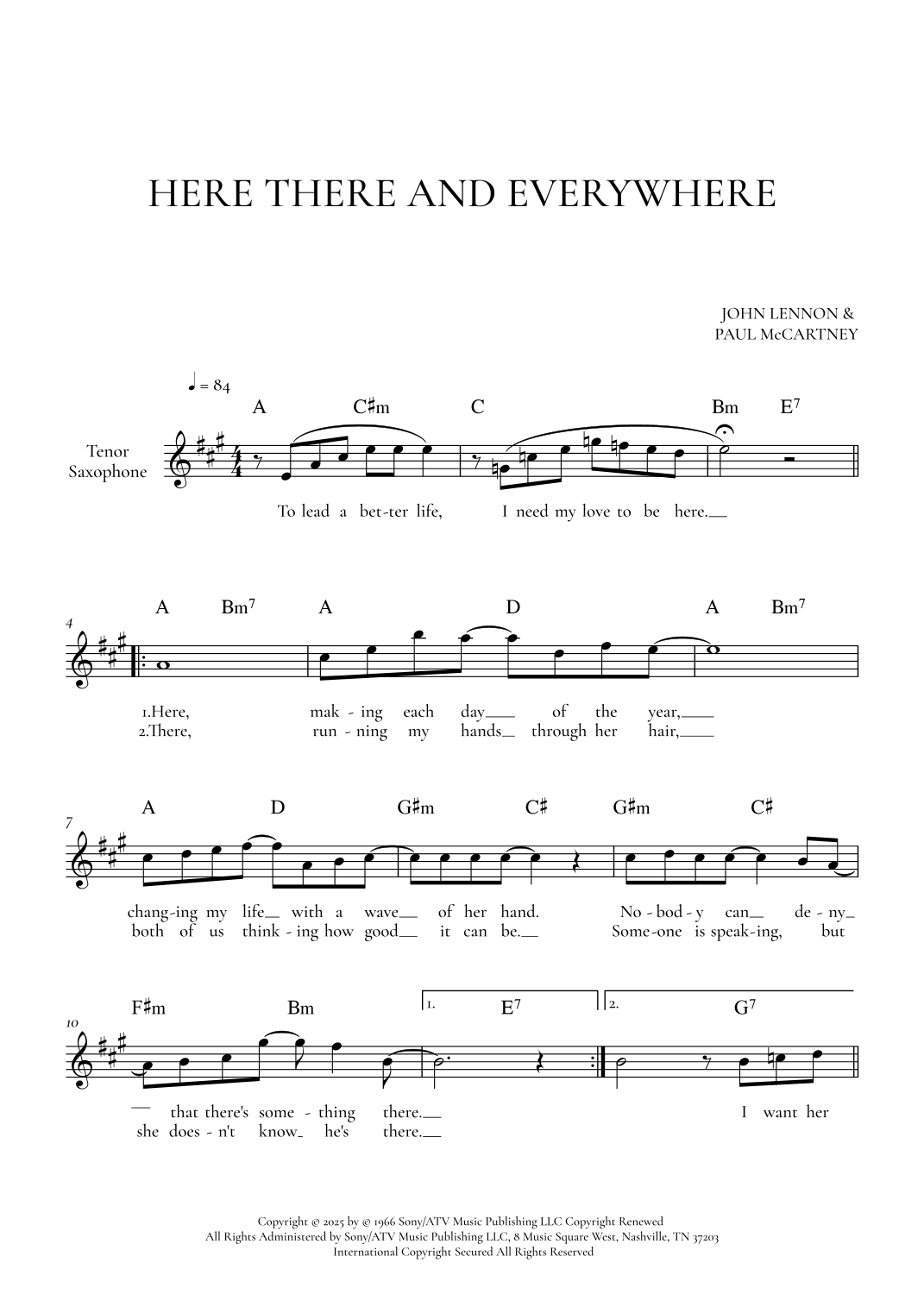Here, There And Everywhere by The Beatles Sheet Music for Tenor Sax ...