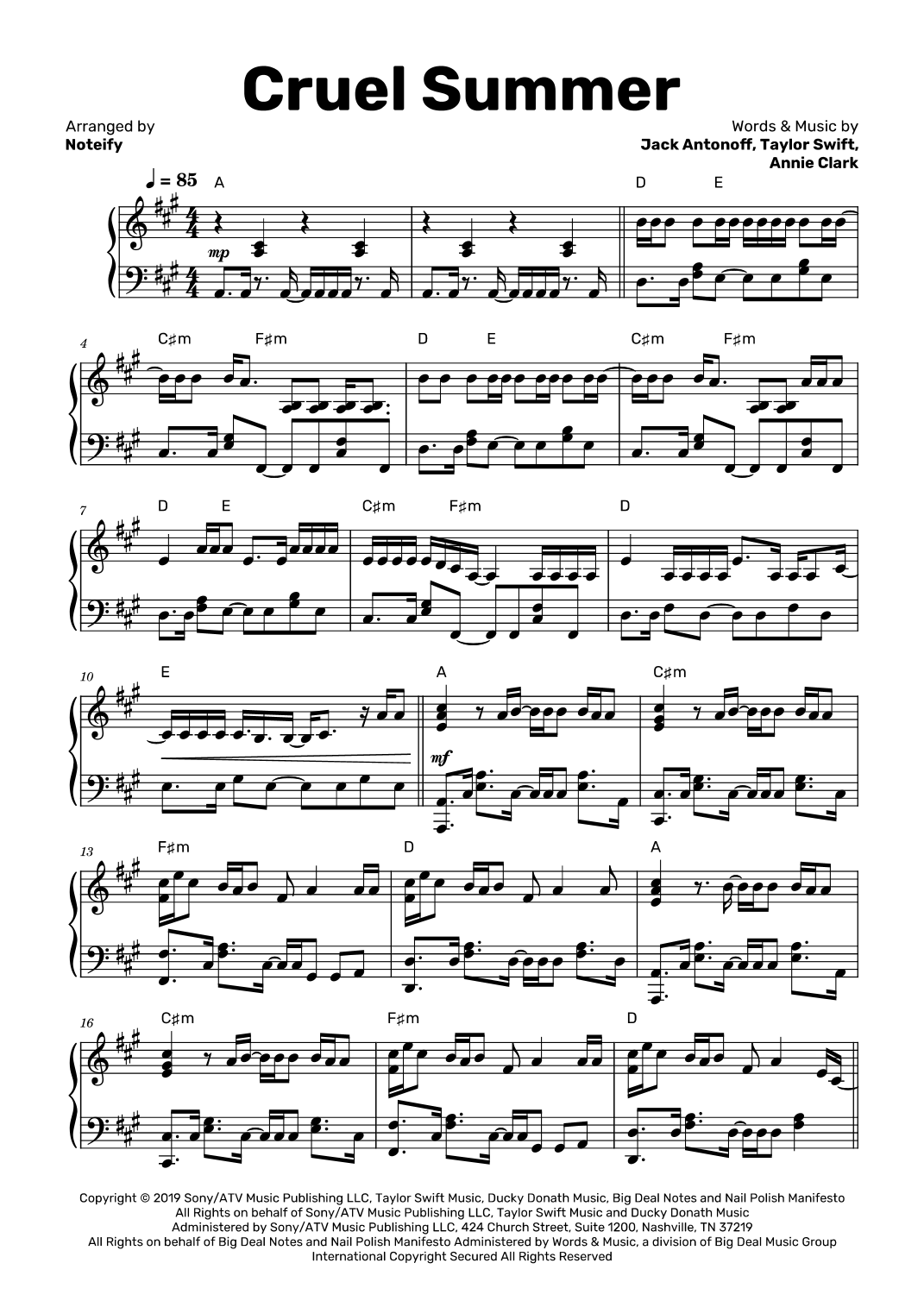 Cruel Summer arr Noteify By Taylor Swift Sheet Music For Piano Solo Cruel Summer arr Noteify By Taylor Swift Sheet Music For Piano Solo