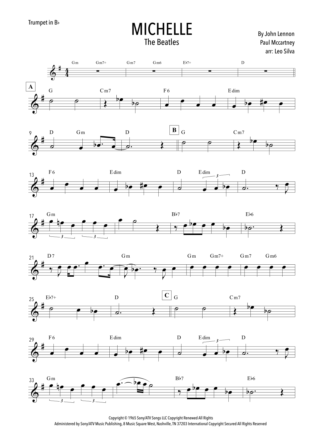 Michelle (arr. Leo Silva) by The Beatles Sheet Music for Trumpet Solo ...