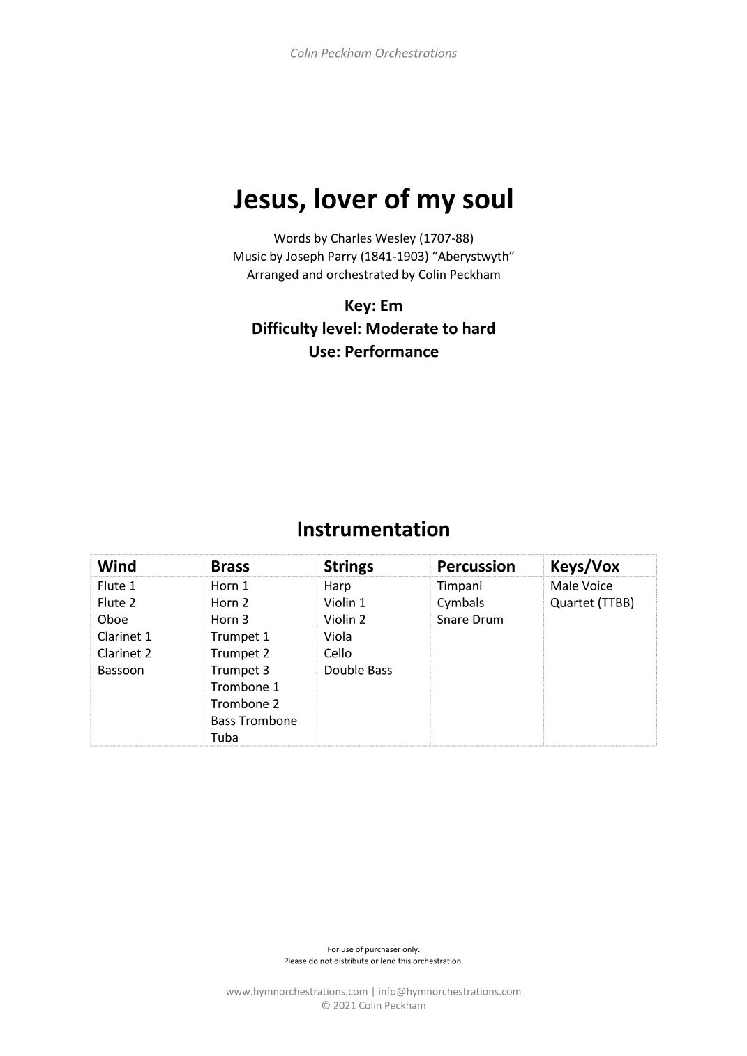Jesus, lover of my soul (Aberystwyth) (TTBB and orchestra) (arr. Colin Peckham) by Charles Wesley (1707-88) Full Orchestra