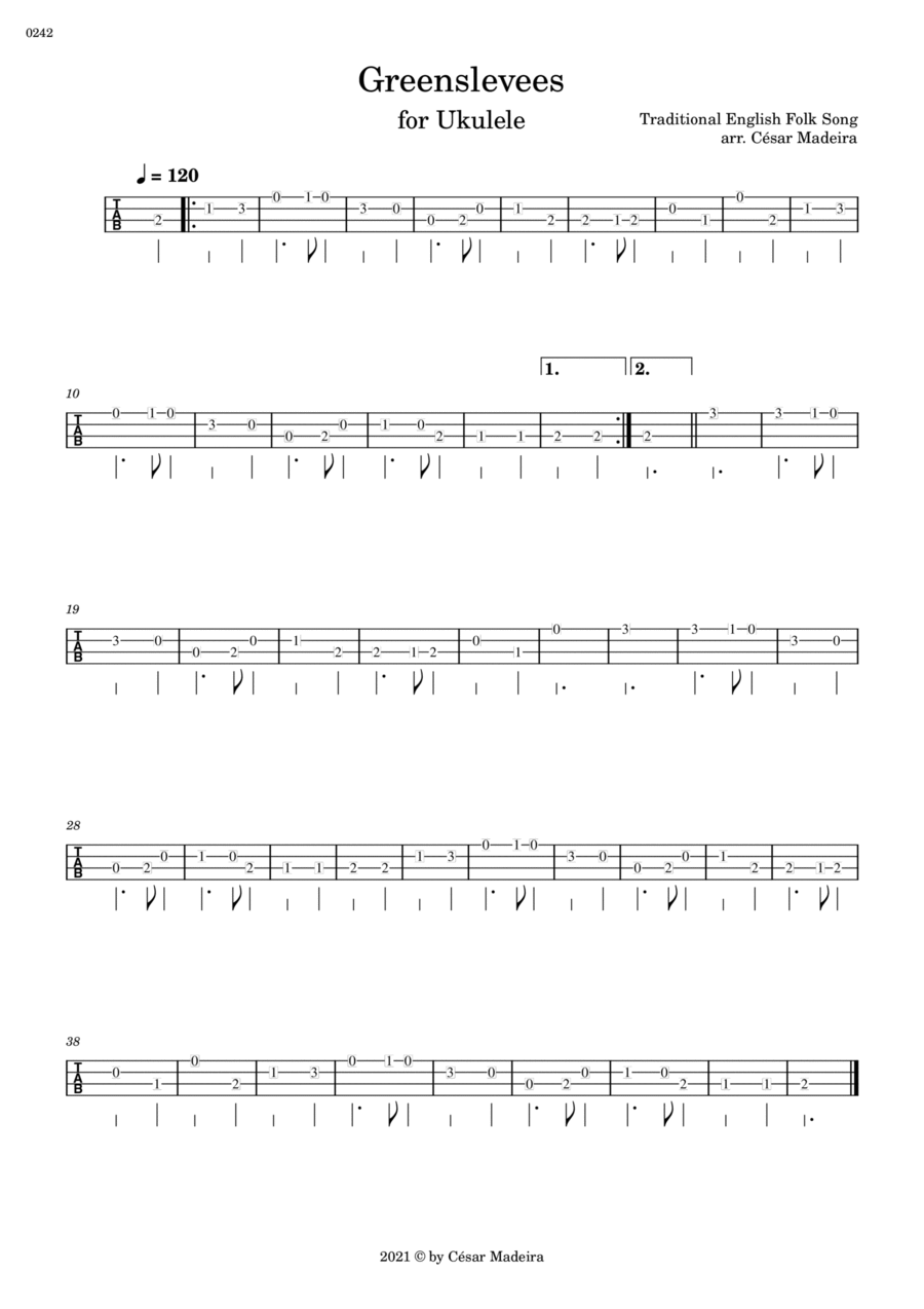 Greensleeves Folk Song for Ukulele (TAB) Sheet Music Folk Song Ukulele