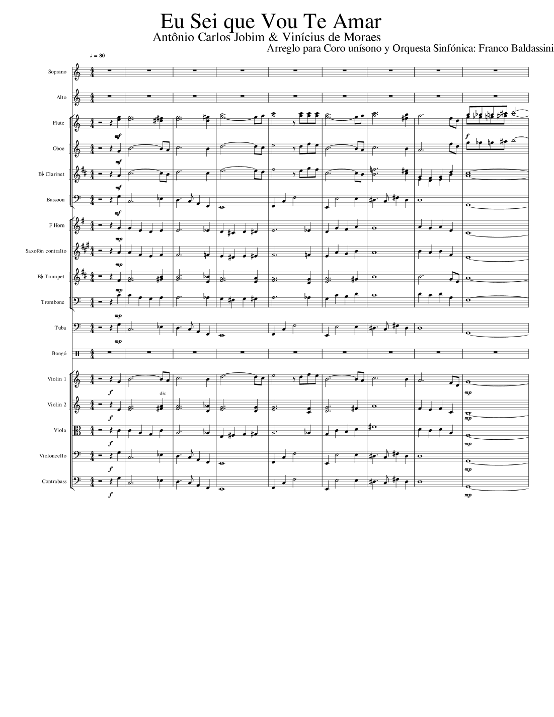 Eu Sei Que Vou Te Amar (arr. Franco Baldassini Music) by Antonio Carlos Jobim Full Orchestra