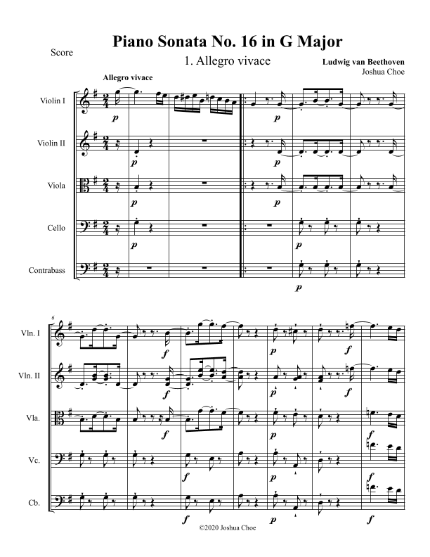 Piano Sonata No. 16, Movement 1 (arr. Joshua Choe) Sheet Music | Ludwig ...