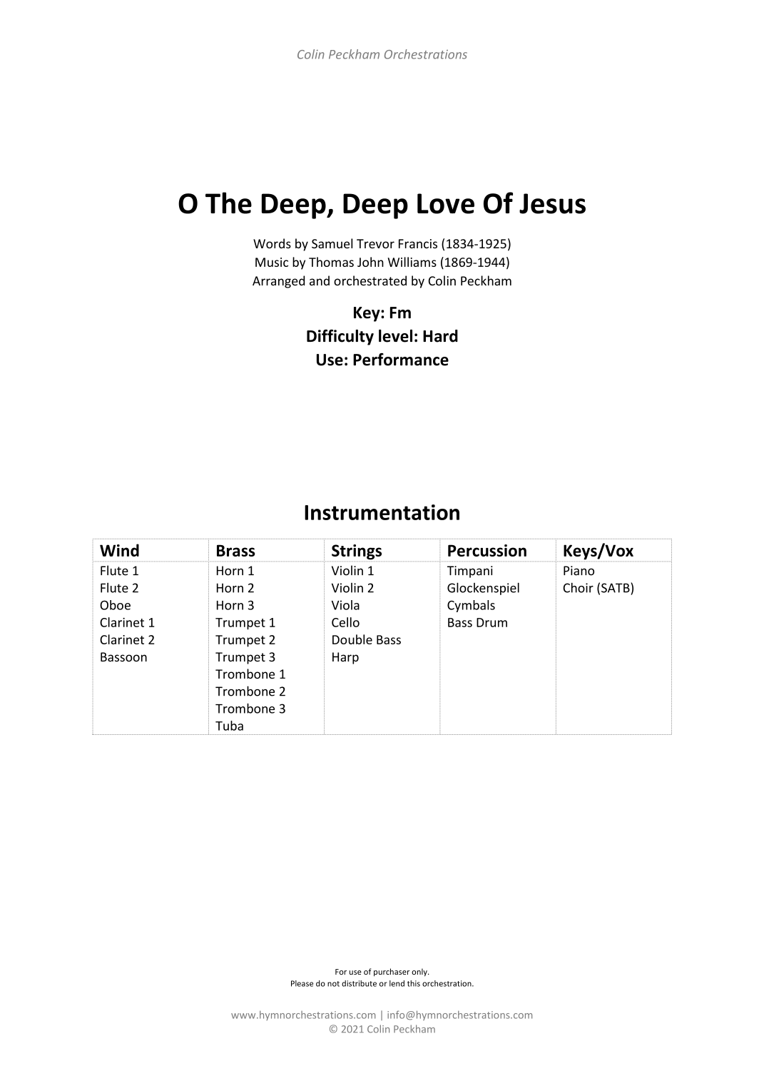 O The Deep, Deep Love Of Jesus (arr. Colin Peckham) by Thomas John Williams (1869-1944) 管弦乐团 - 预览