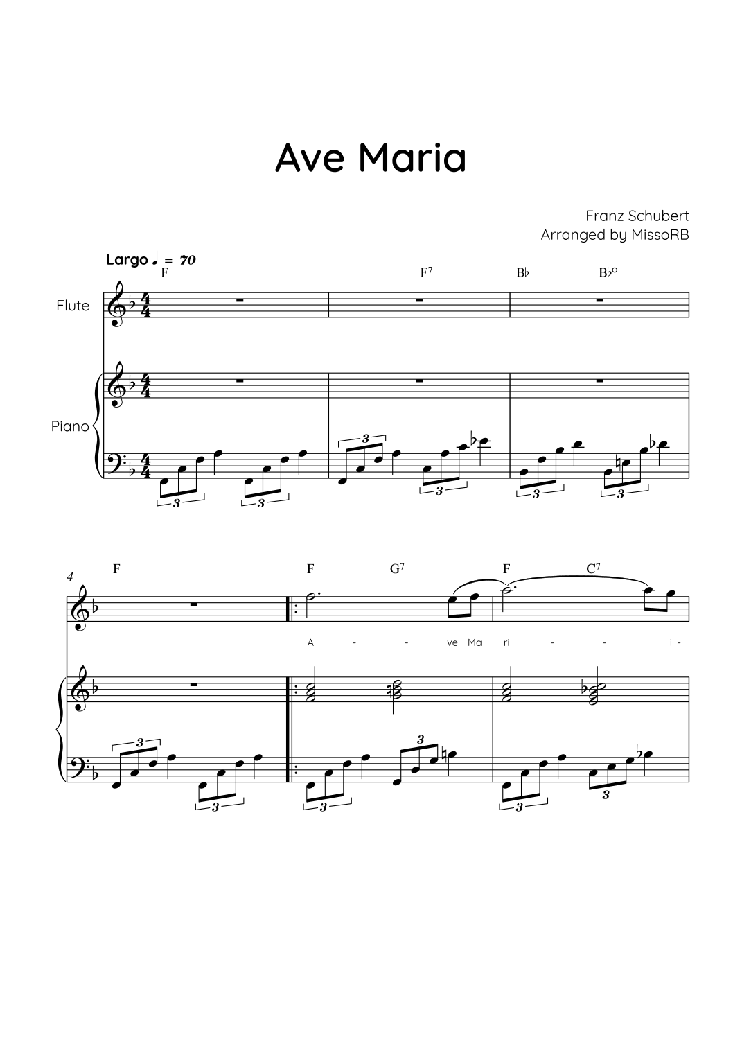 Ave Maria (Schubert) - Flute & Piano in F With Chords - Easy (arr ...