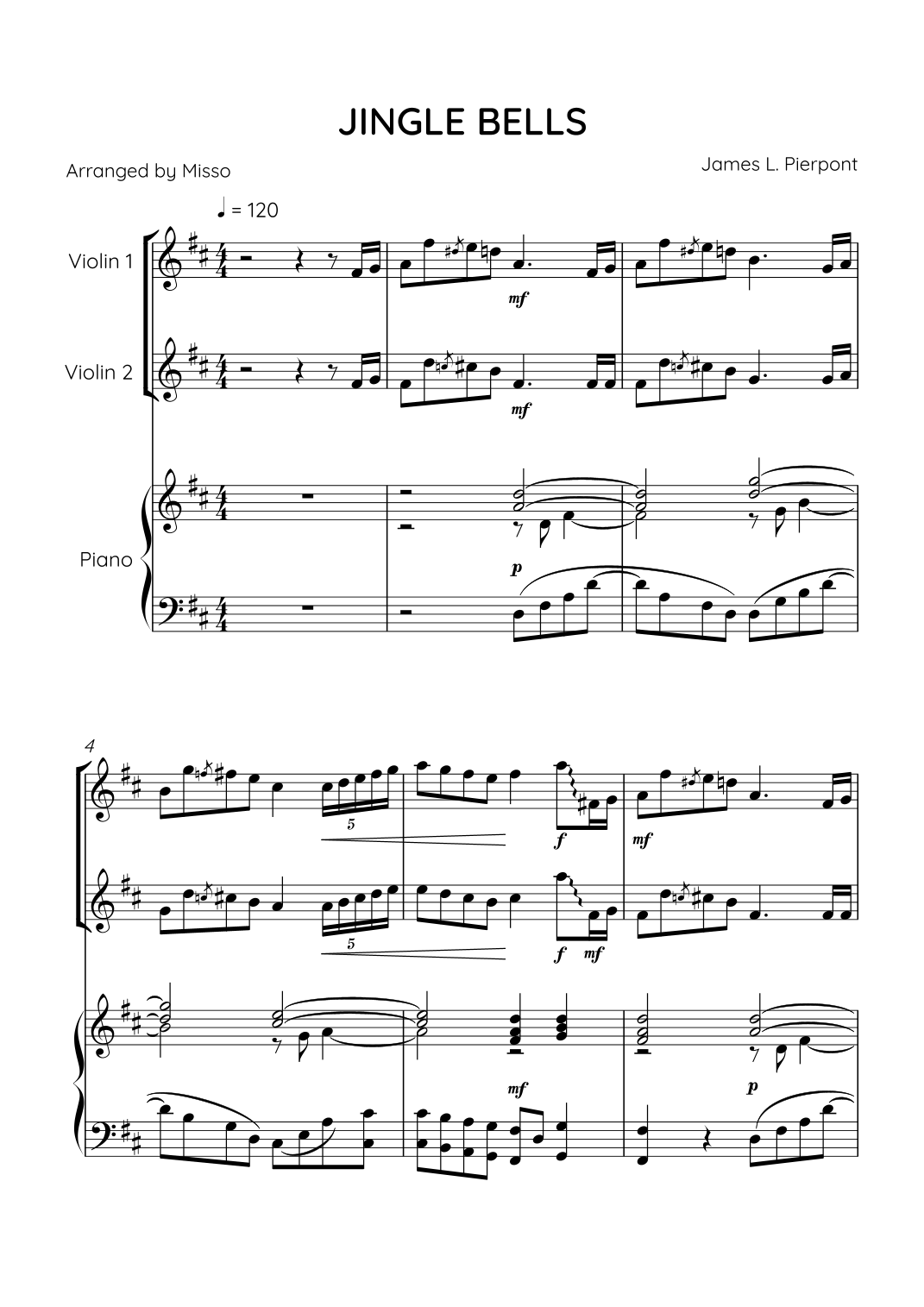 Jingle Bells - Violin Duet & Piano in D Major (Advanced With Chords ...