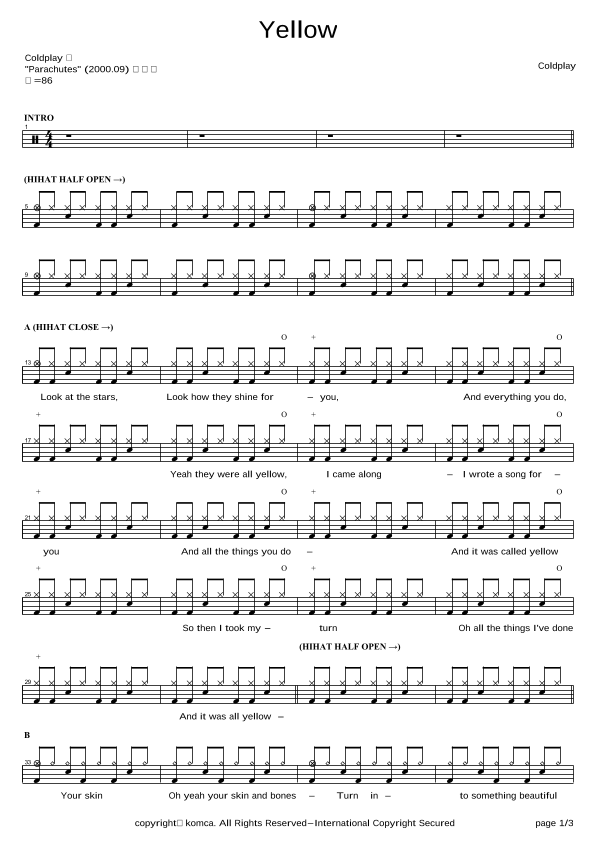 Yellow arr COPYDRUM By Coldplay Sheet Music For Drums At Sheet Music Yellow arr COPYDRUM By Coldplay Sheet Music For Drums At Sheet Music