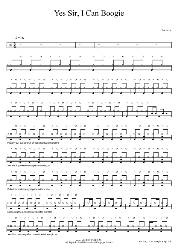 Yes Sir, I Can Boogie Sheet Music Baccara Drums