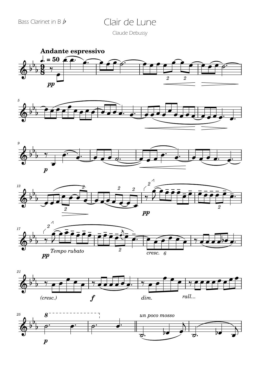 Clair De Lune Bass Clarinet Solo arr Ygor Nunes By Debussy Sheet Clair De Lune Bass Clarinet Solo arr Ygor Nunes By Debussy Sheet